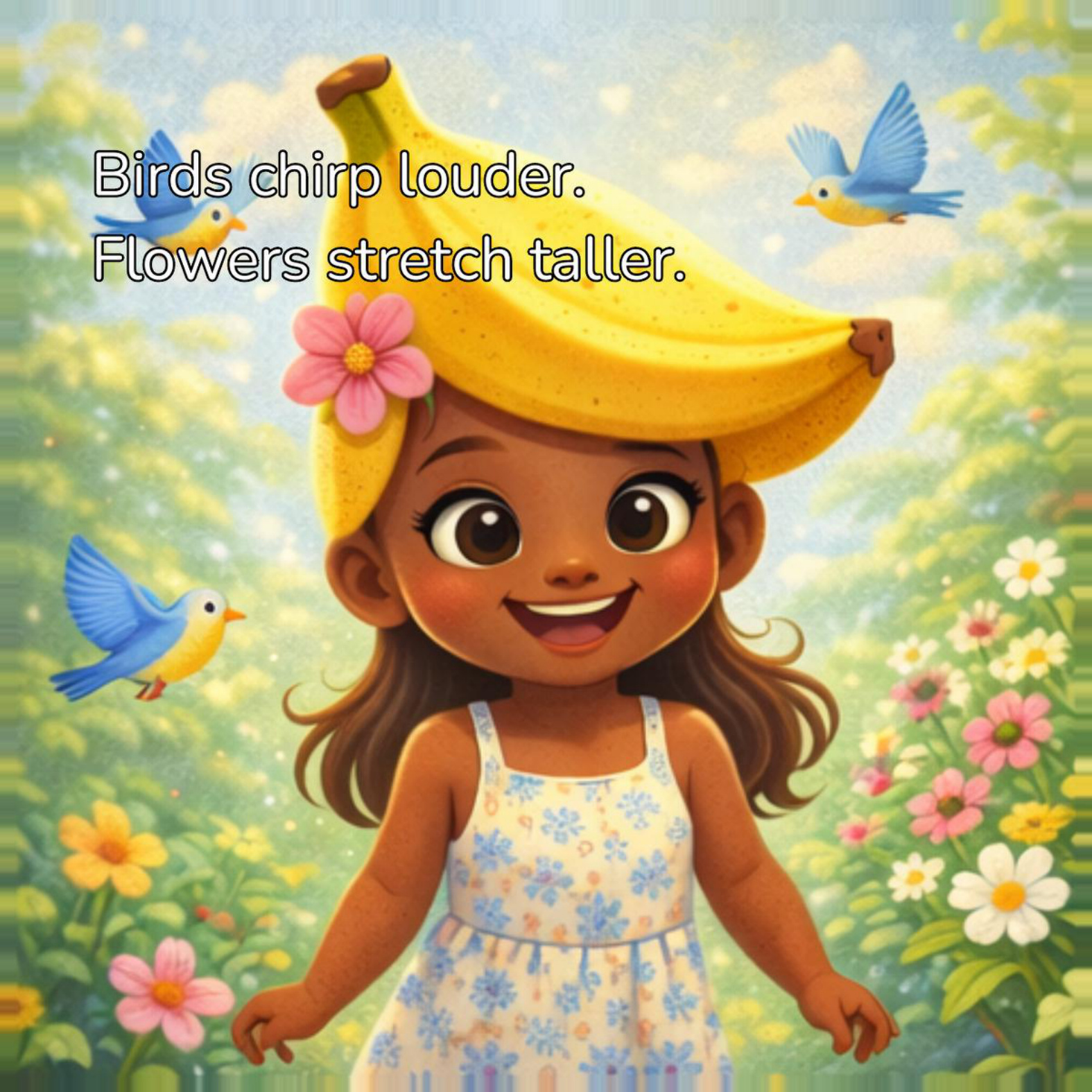 Banana Head with bluebirds and flowers