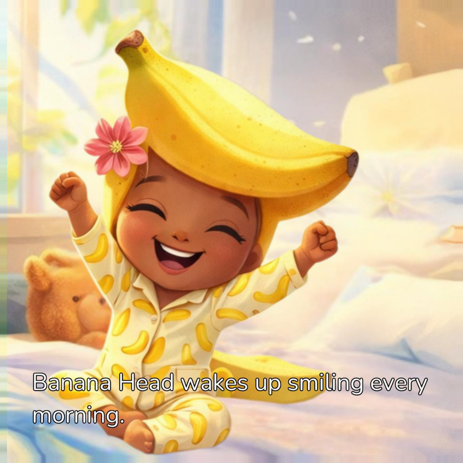 Banana Head waking up smiling in pajamas